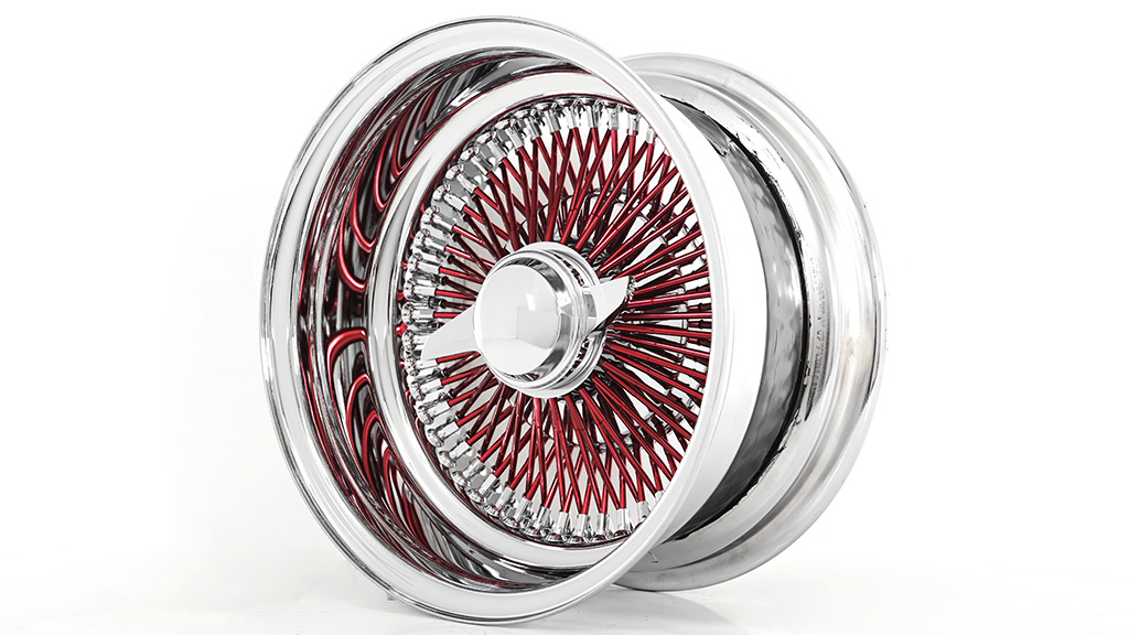 13x7 Wire Wheels Reverse 100-Spoke Straight Lace Chrome with Red Spoke Rims