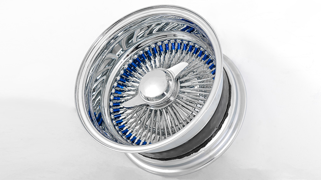 13x7 Wire Wheels Reverse 100-Spoke Straight Lace Custom Chrome with Blue Nipples Rims