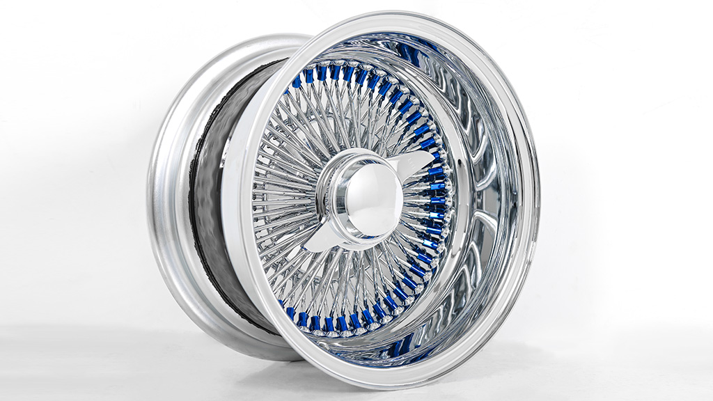 13x7 Wire Wheels Reverse 100-Spoke Straight Lace Custom Chrome with Blue Nipples Rims