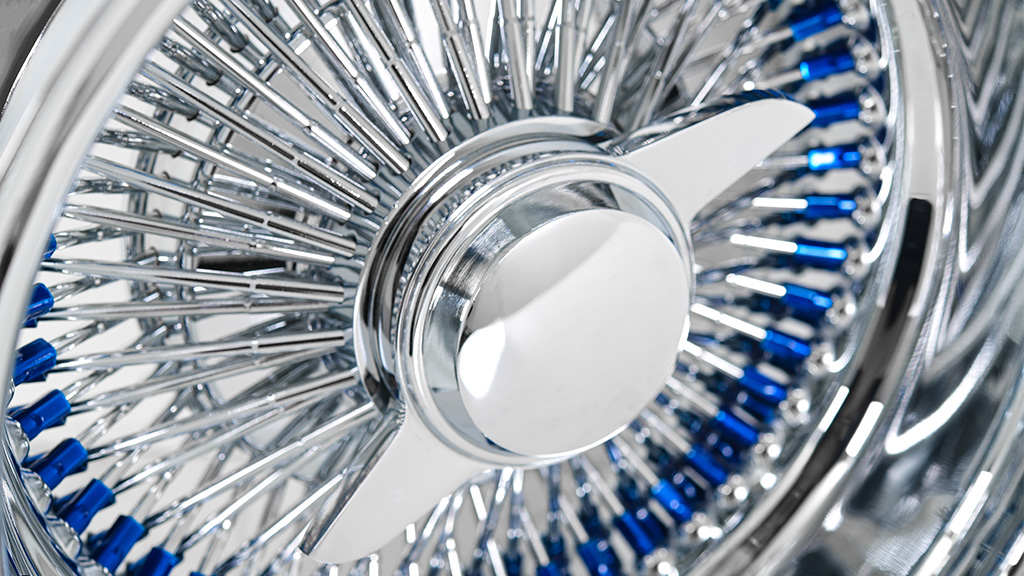 13x7 Wire Wheels Reverse 100-Spoke Straight Lace Custom Chrome with Blue Nipples Rims