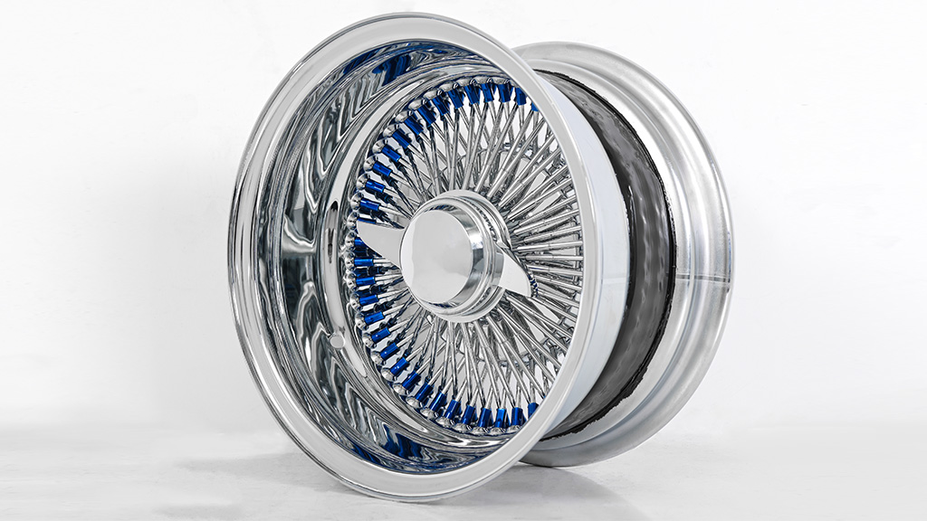13x7 Wire Wheels Reverse 100-Spoke Straight Lace Custom Chrome with Blue Nipples Rims