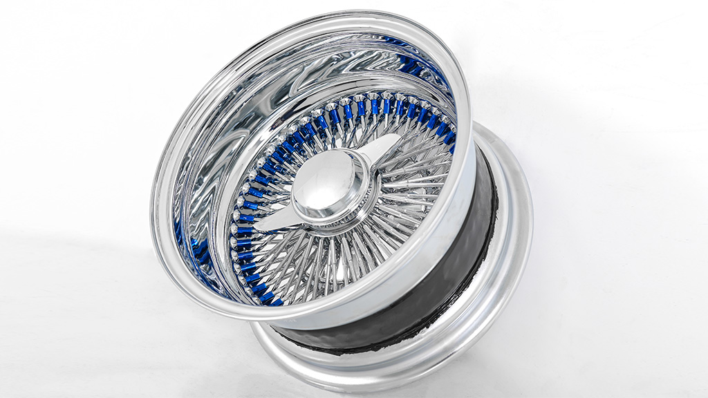13x7 Wire Wheels Reverse 100-Spoke Straight Lace Custom Chrome with Blue Nipples Rims