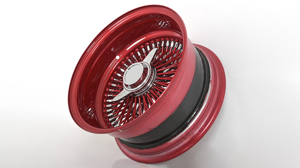 13x7 Wire Wheels Reverse 100-Spoke Straight Lace Custom Ruby Red Rim