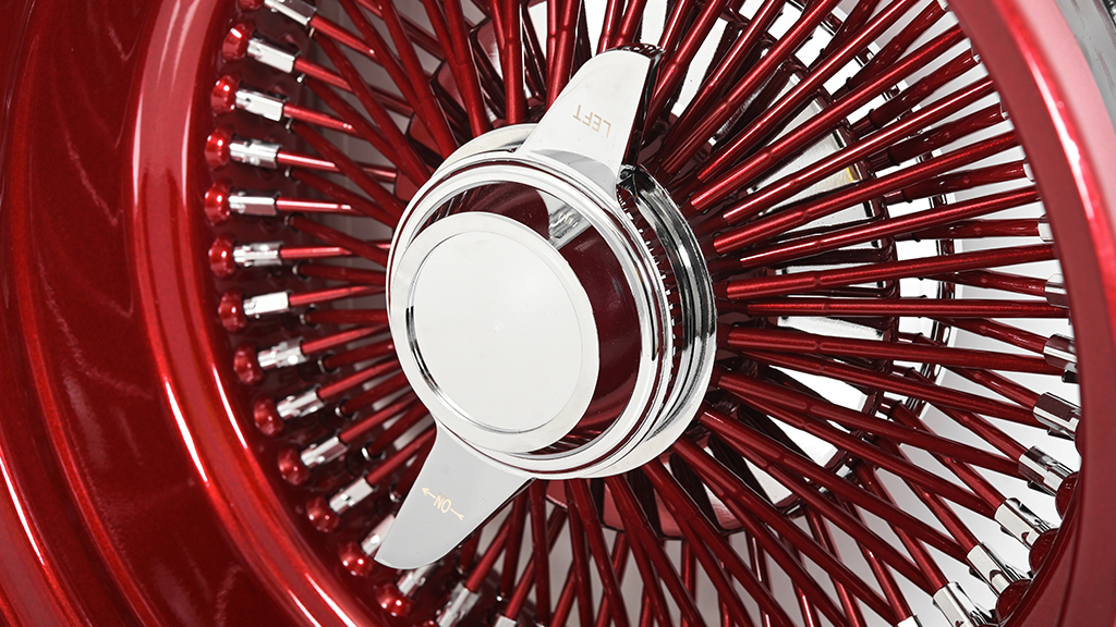 13x7 Wire Wheels Reverse 100-Spoke Straight Lace Custom Ruby Red Rim