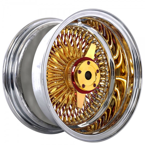 13x7 Wire Wheels Reverse 100-Spoke Straight Lace Gold and Red Spoke with Chrome Lip Rims