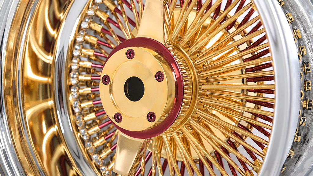 13x7 Wire Wheels Reverse 100-Spoke Straight Lace Gold and Red Spoke with Chrome Lip Rims