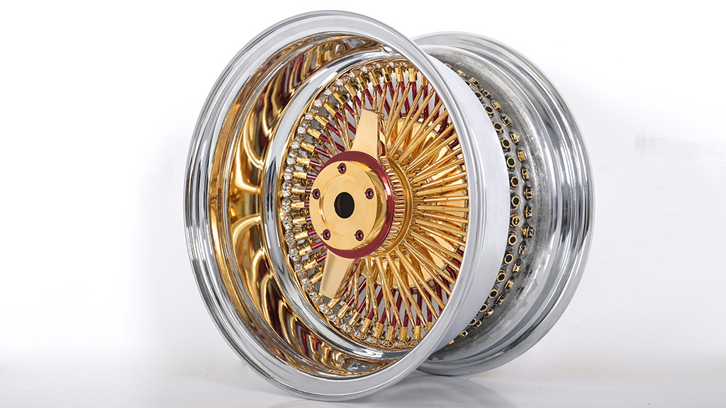 13x7 Wire Wheels Reverse 100-Spoke Straight Lace Gold and Red Spoke with Chrome Lip Rims
