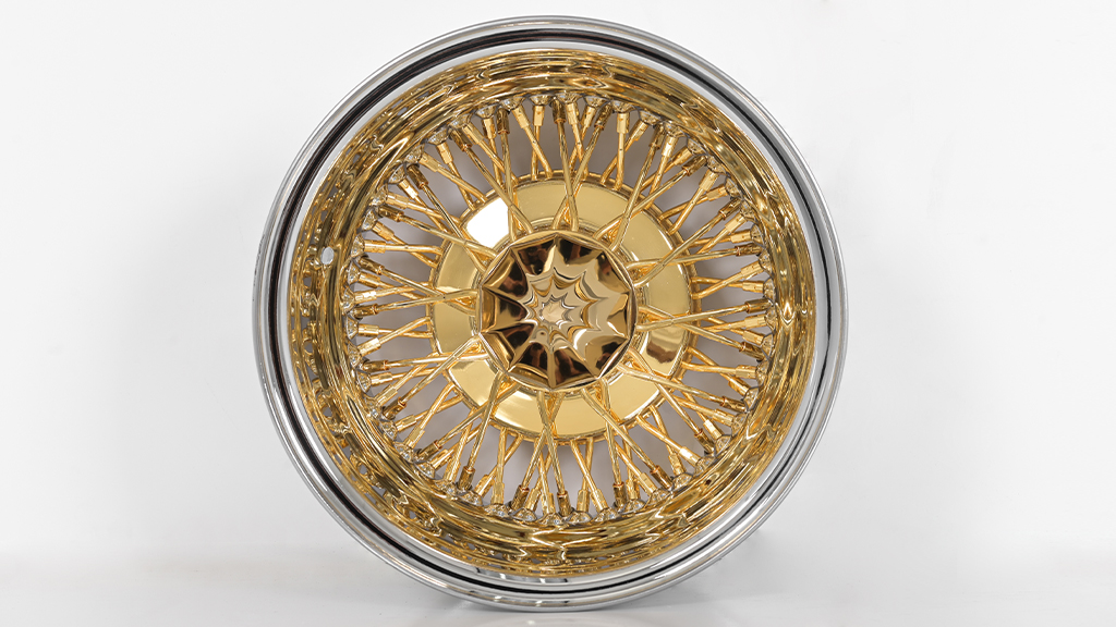 13x7Wire Wheels Reverse 72-Spoke Cross Lace Chrome with American Gold Plating Center Rims