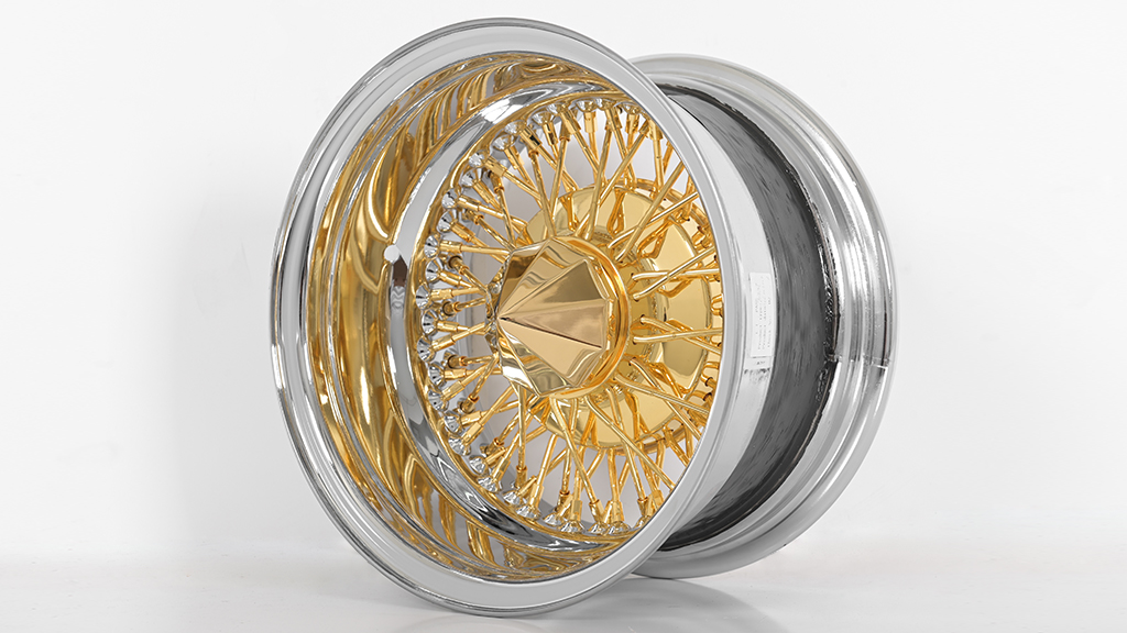 13x7Wire Wheels Reverse 72-Spoke Cross Lace Chrome with American Gold Plating Center Rims