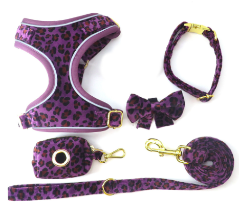 Velvet Dog Harness Personalized 5pcs/Set Pet Harness Bowtie Collar Leash Poop Bag Functional Dog Traction Set Custom Collar