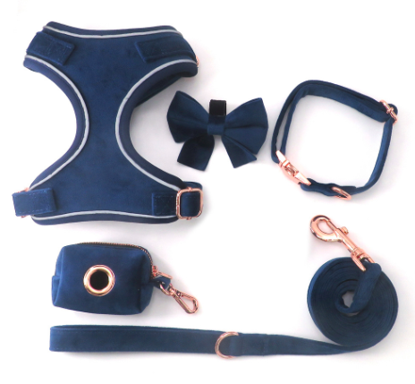 Velvet Dog Harness Personalized 5pcs/Set Pet Harness Bowtie Collar Leash Poop Bag Functional Dog Traction Set Custom Collar