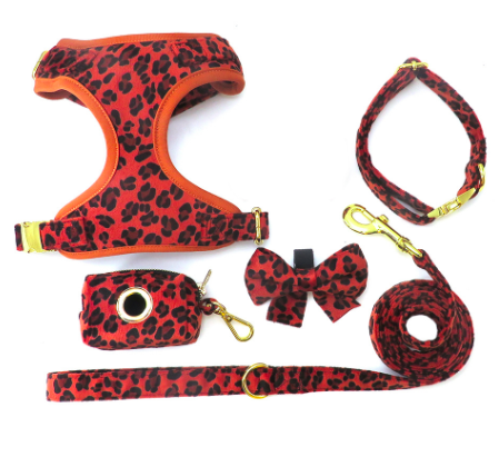 Velvet Dog Harness Personalized 5pcs/Set Pet Harness Bowtie Collar Leash Poop Bag Functional Dog Traction Set Custom Collar