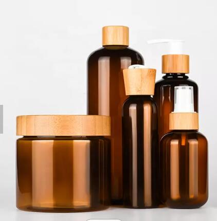 30ml 50ml 100ml 150ml Bamboo Lid Hair Oil Container Amber Plastic Cream Jar Lotion Bottles