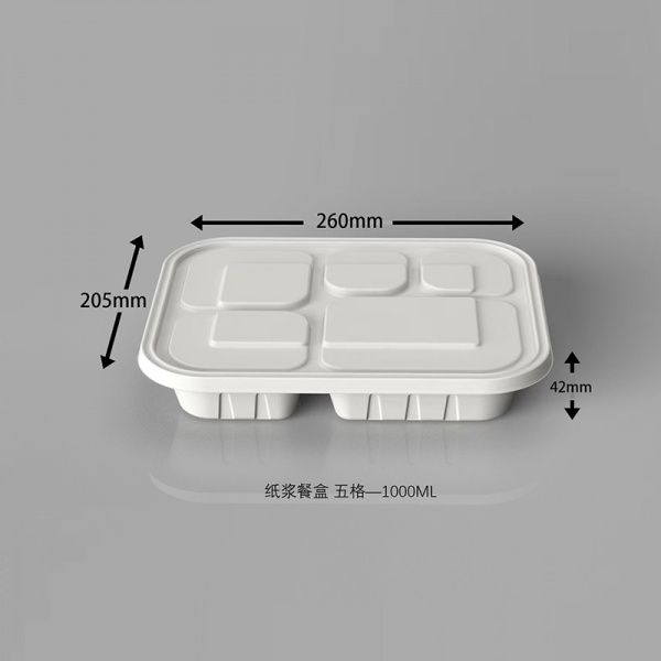 1000ml一次性纸浆带盖五格餐盒