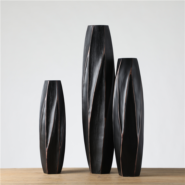 Unique retro style polyresin crafts embossed black home decorative vases resin flower vase
