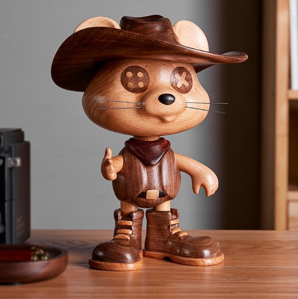 Solid wood carving cartoon character statue handicraft-Mouse standing, wearing a hat, smiling in style
