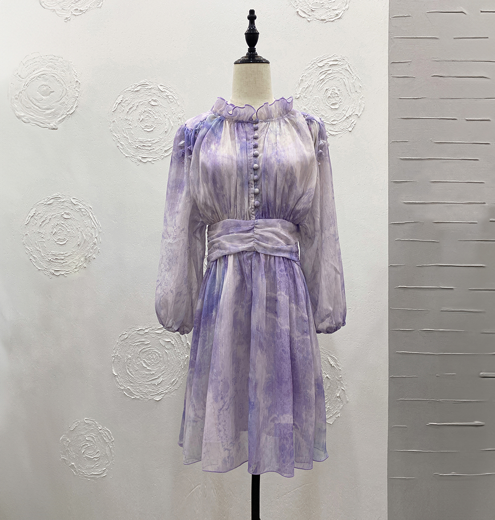 Hand-stitched button, purple floral chiffon dress