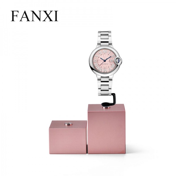 JS006 FANXI China Custom logo retail watch display rose gold metal stand display watch with black C-ring watch stand display