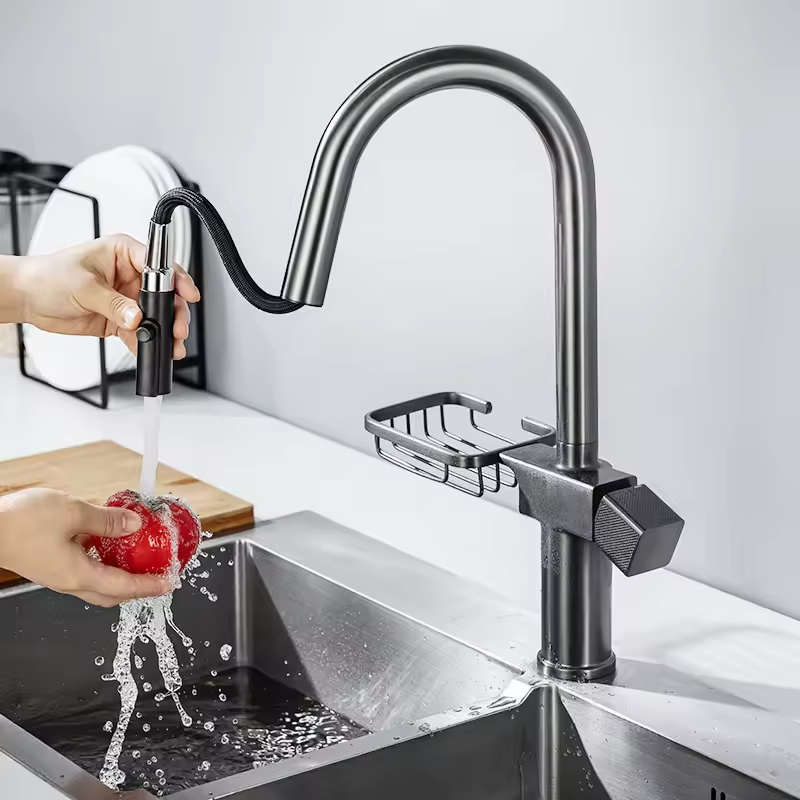 American Style Brass Faucet with Pull-Out Basket Hot & Cold Water Sink Shower Sprayer for Hotel Use Kitchen Faucet & Washbasin