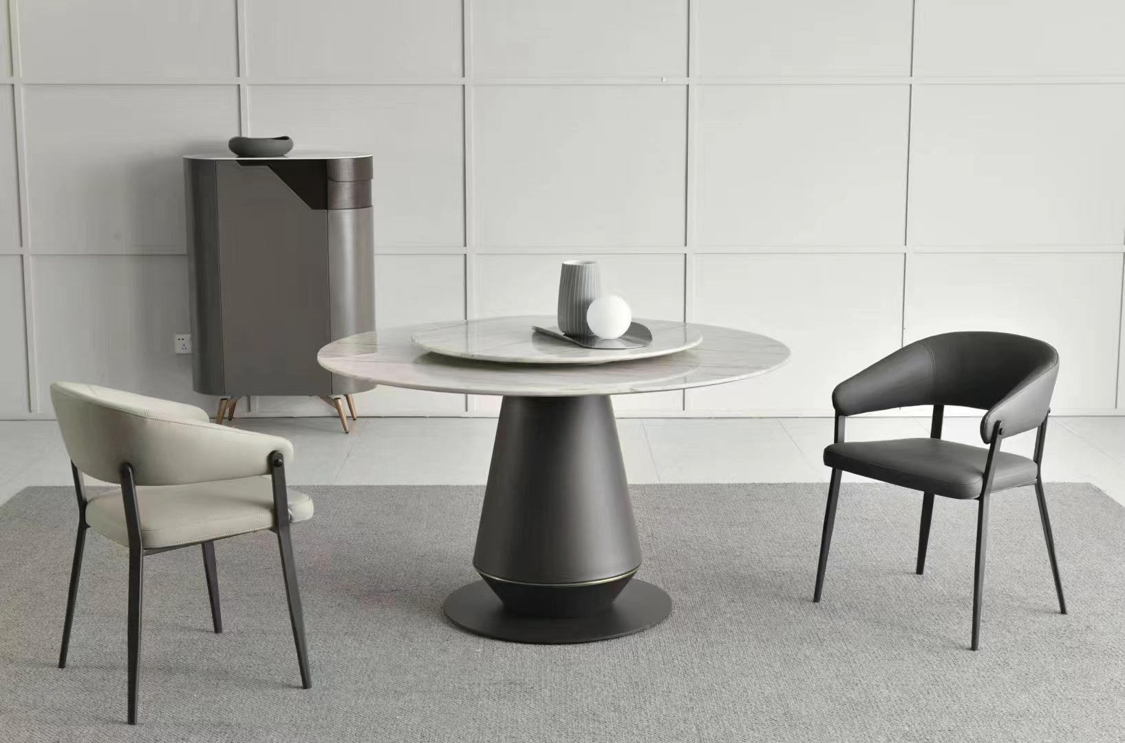 Round White Ceramic Top Black Base Dining Table Set