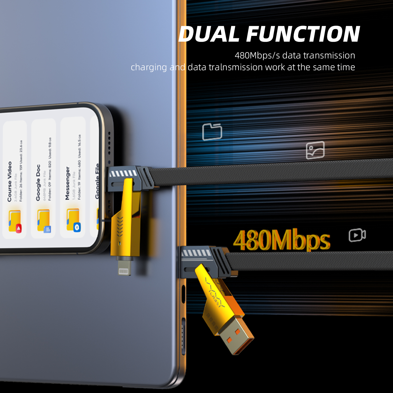 Vyvylabs Elite Series 4 in 1 Fast Charging Cable USB to C+L/Type-C to C+L 65W 1.2M