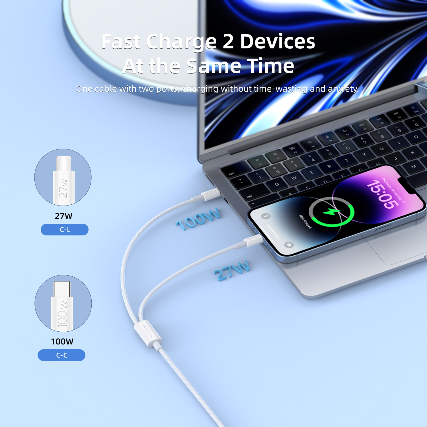 Vyvylabs Prime Series 2 in1 Fast Charging Cable Type-C to C+L 100W 