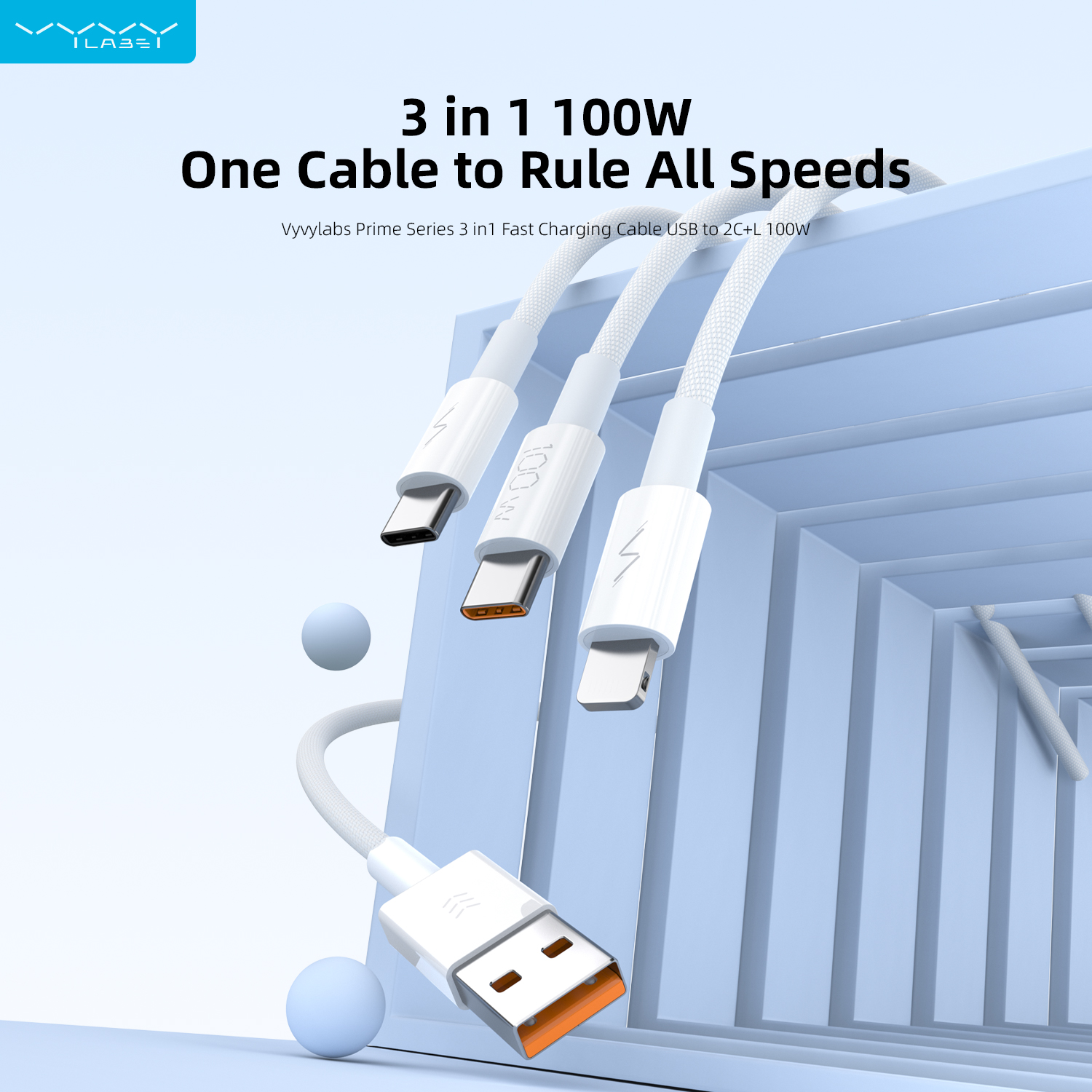 Vyvylabs Prime Series 3 in1 Fast Charging Cable USB to 2C+L 100W