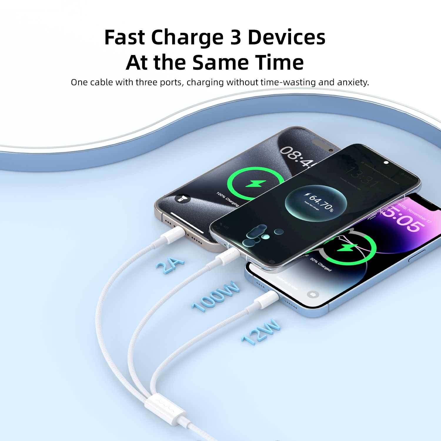 Vyvylabs Prime Series 3 in1 Fast Charging Cable USB to 2C+L 100W