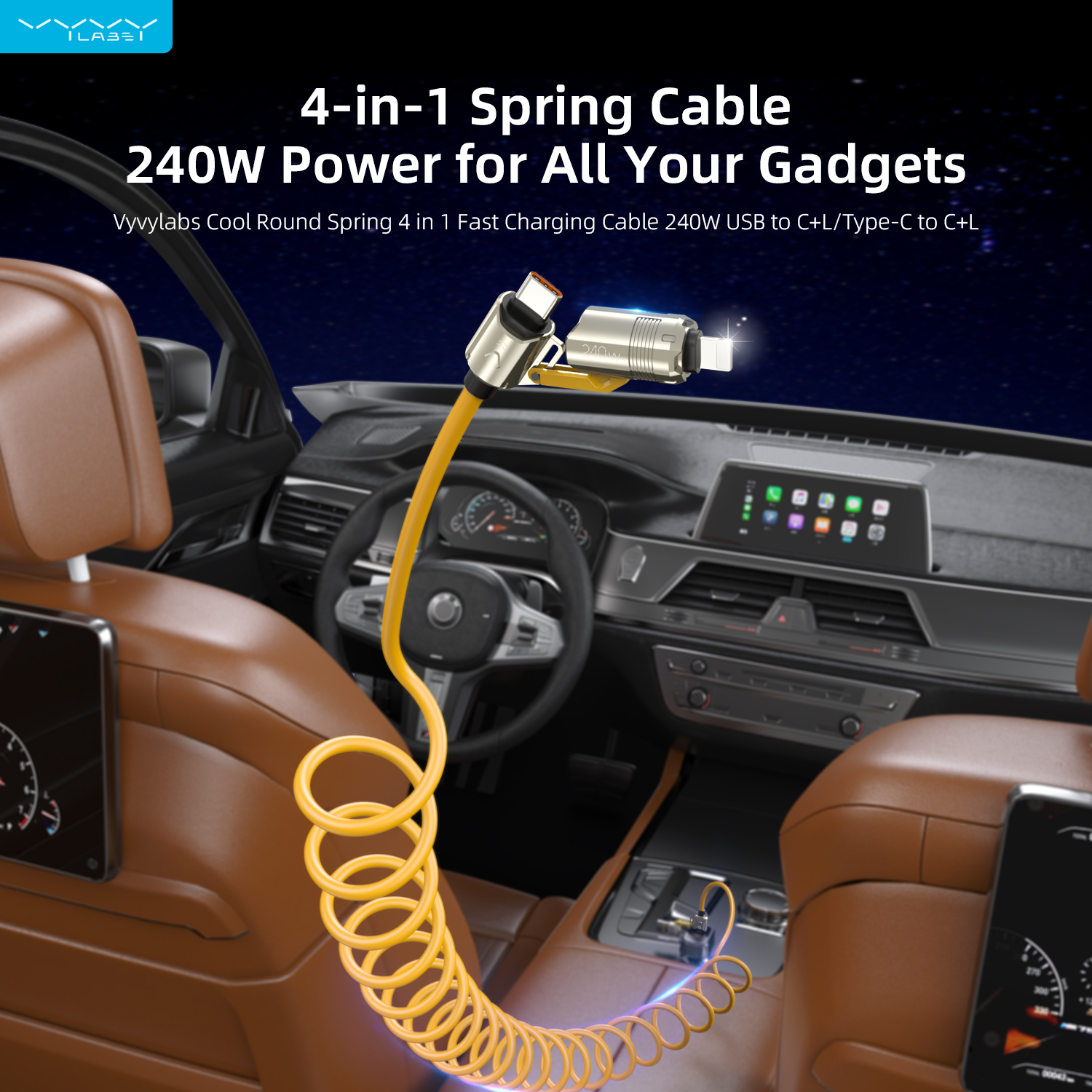 Vyvylabs Cool Round Spring 4 in 1 Fast Charging Cable 240W USB to C+L/Type-C to C+L 1.8M