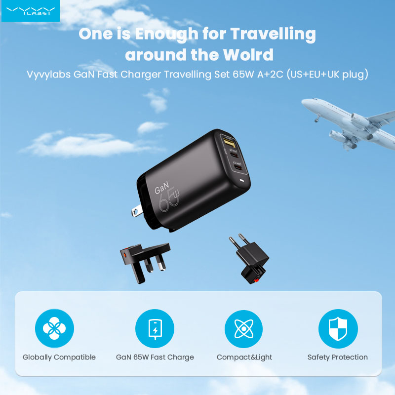 Vyvylabs GaN Fast Charger Travelling Set 65W A+2C （US+EU+UK plug） Black