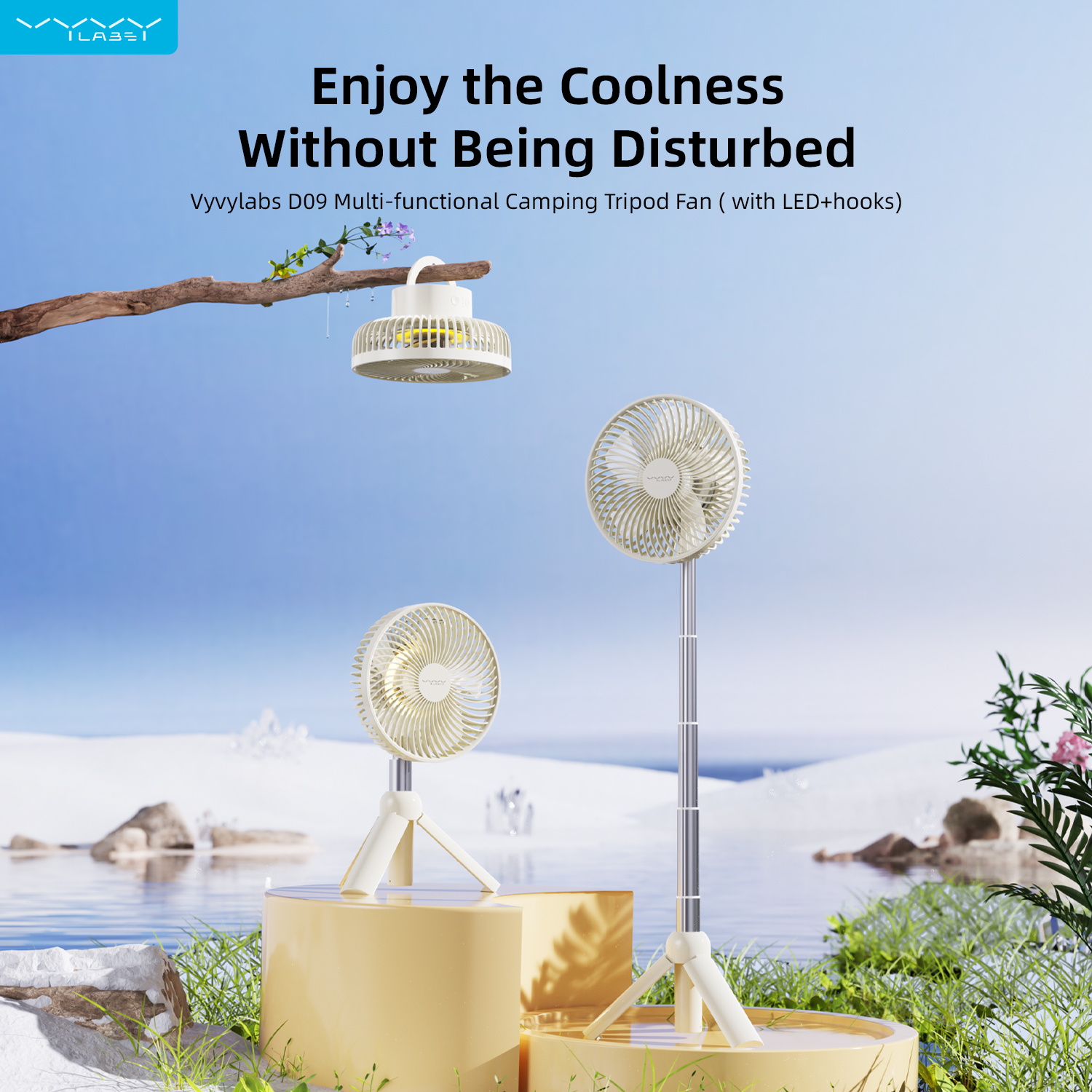 Vyvylabs D09 Multi-functional Camping Tripod Fan （ with LED+hooks）