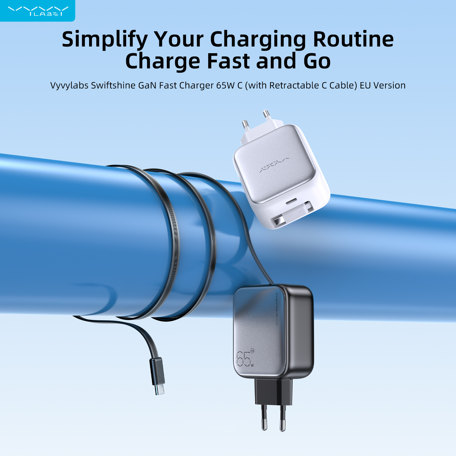 Vyvylabs Swiftshine GaN Fast Charger 65W C （with Retractable C Cable） EU Version