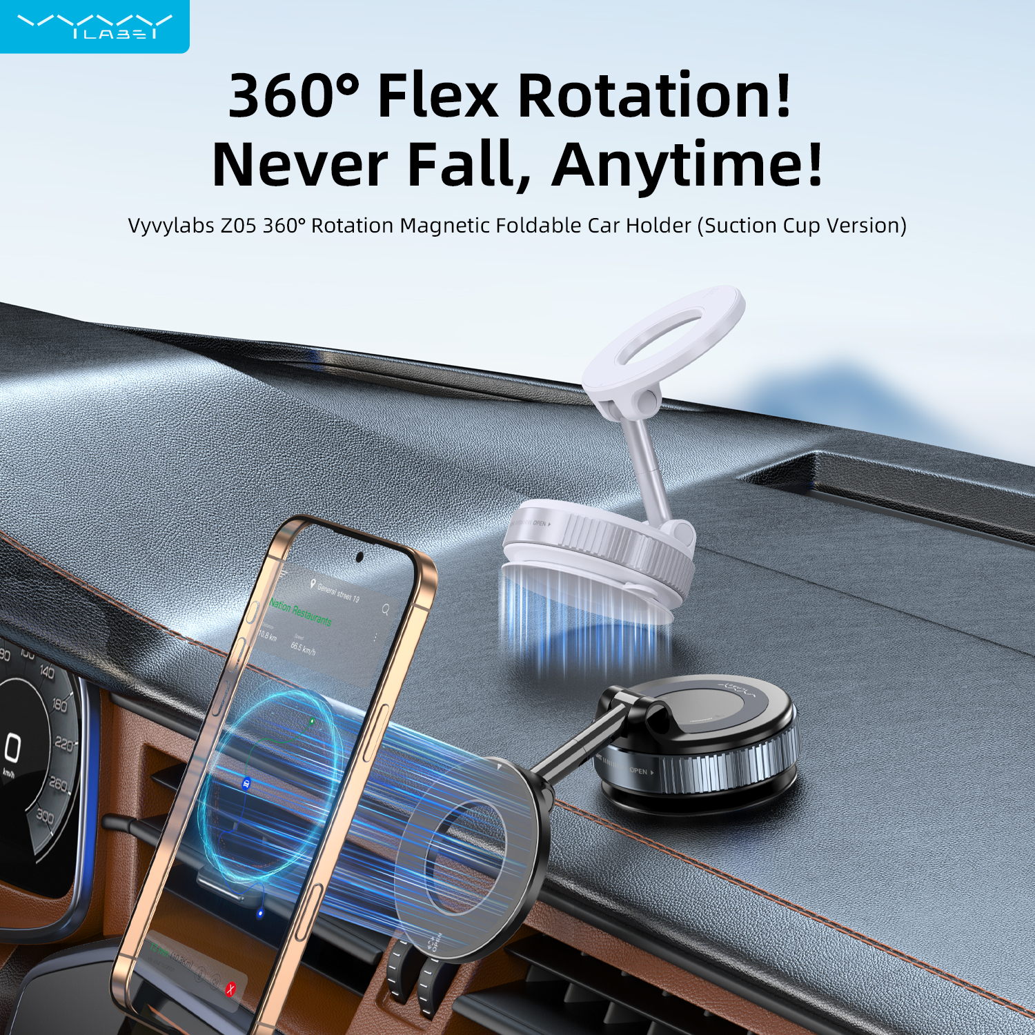Vyvylabs Z05 360° Rotation Magnetic Foldable Car Holder （Suction Cup Version） Black
