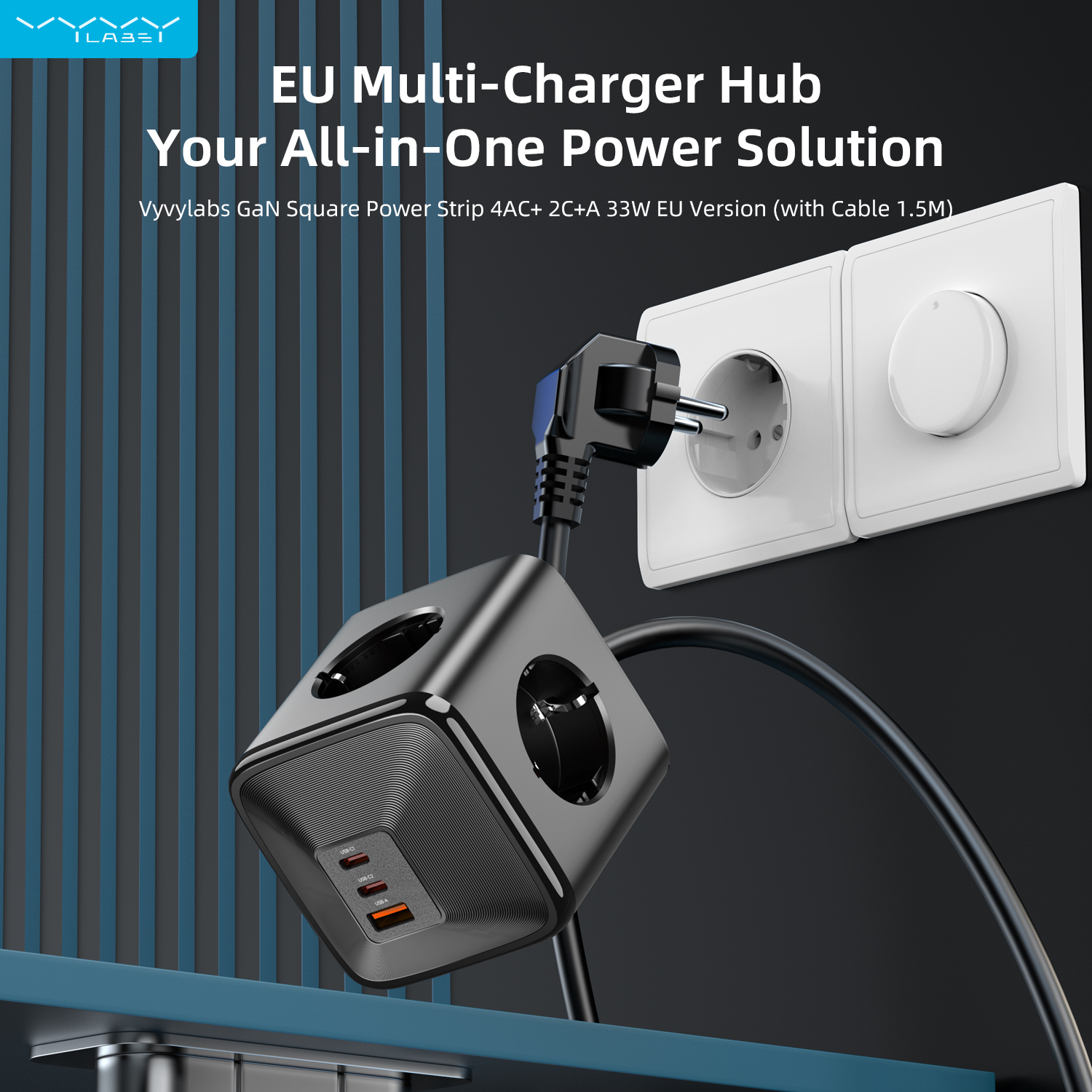 Vyvylabs GaN Square Power Strip 4AC+ 2C+A 33W EU Version （with Cable 1.5M）
