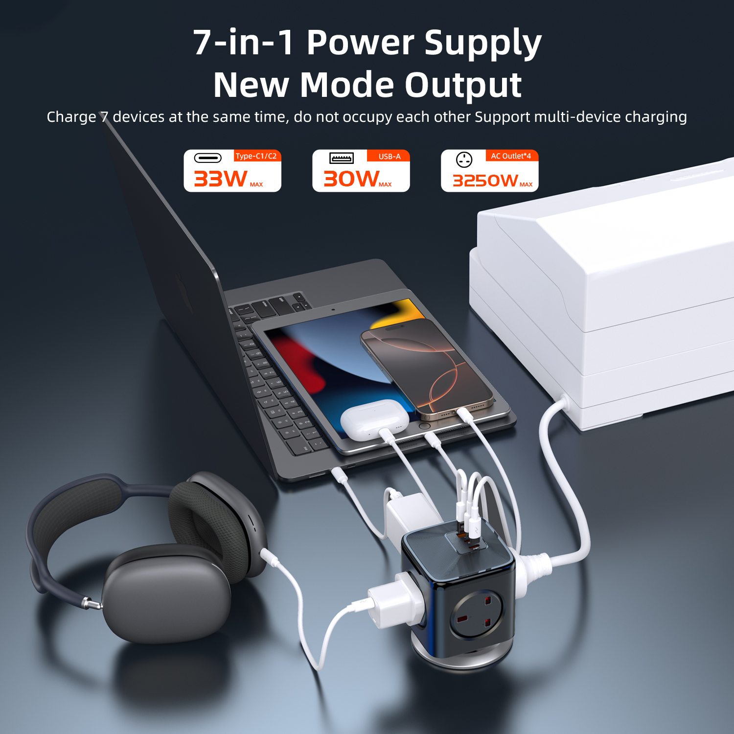 Vyvylabs GaN Square Power Strip 4AC+ 2C+A 33W UK Version （with Cable 1.5M）