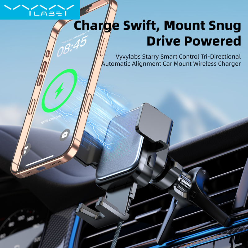 Vyvylabs Starry Smart Control Tri-Directional Automatic Alignment Car Mount Wireless Charger Black