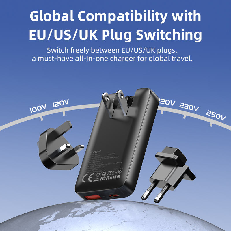 Vyvylabs GaN Fast TripShare Charger Set 65W A+C （US+EU+UK plug with 240W Type-C Cable 1M）