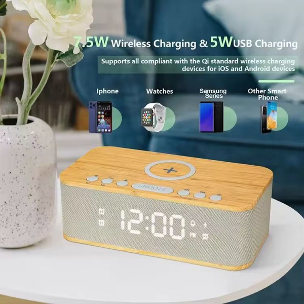 Wooden Bluetooth Speaker w/ 15W Wireless Charger & White Noise 