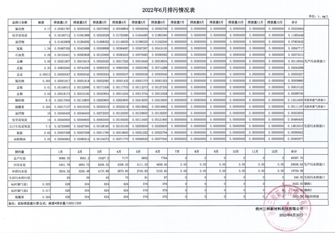2022年6月排污情况表