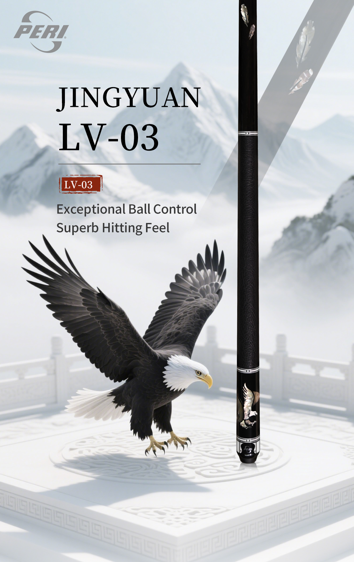Black Eagle Soars, Command the Game. The PERI JINGYUAN LV-03 features a soaring black eagle as its totem, imbuing the cue with fierce power and precise soul, delivering “Exceptional Ball Control” and “Superb Hitting Feel” for total table dominance.
