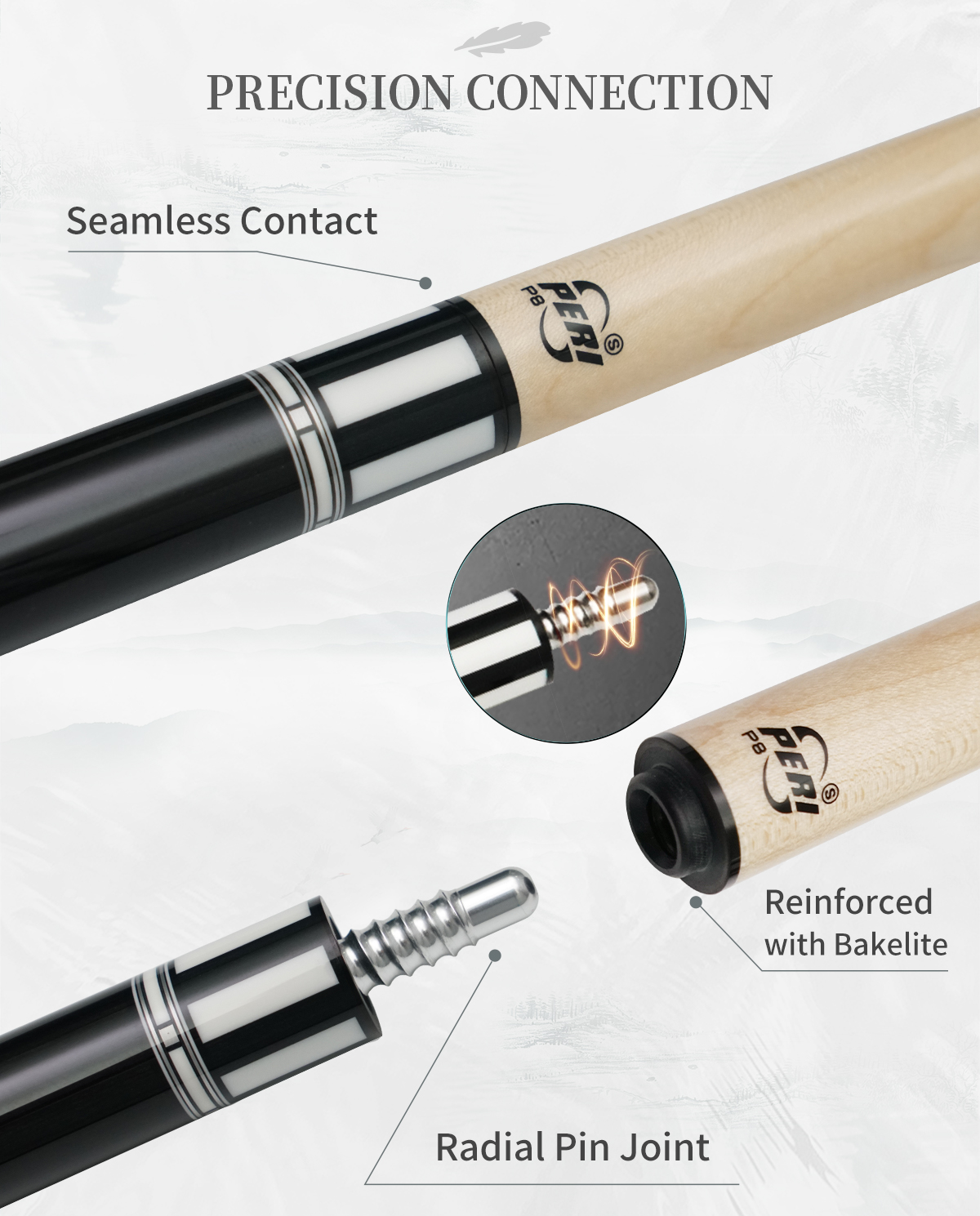 Radial Pin Joint, Seamless Unity. The Radial Pin technology achieves a precise metal-to-metal fit for near-seamless contact between shaft and butt. Reinforced with bakelite, it ensures a rock-solid connection—the engineering guarantee of accurate power transfer and long-term stability.