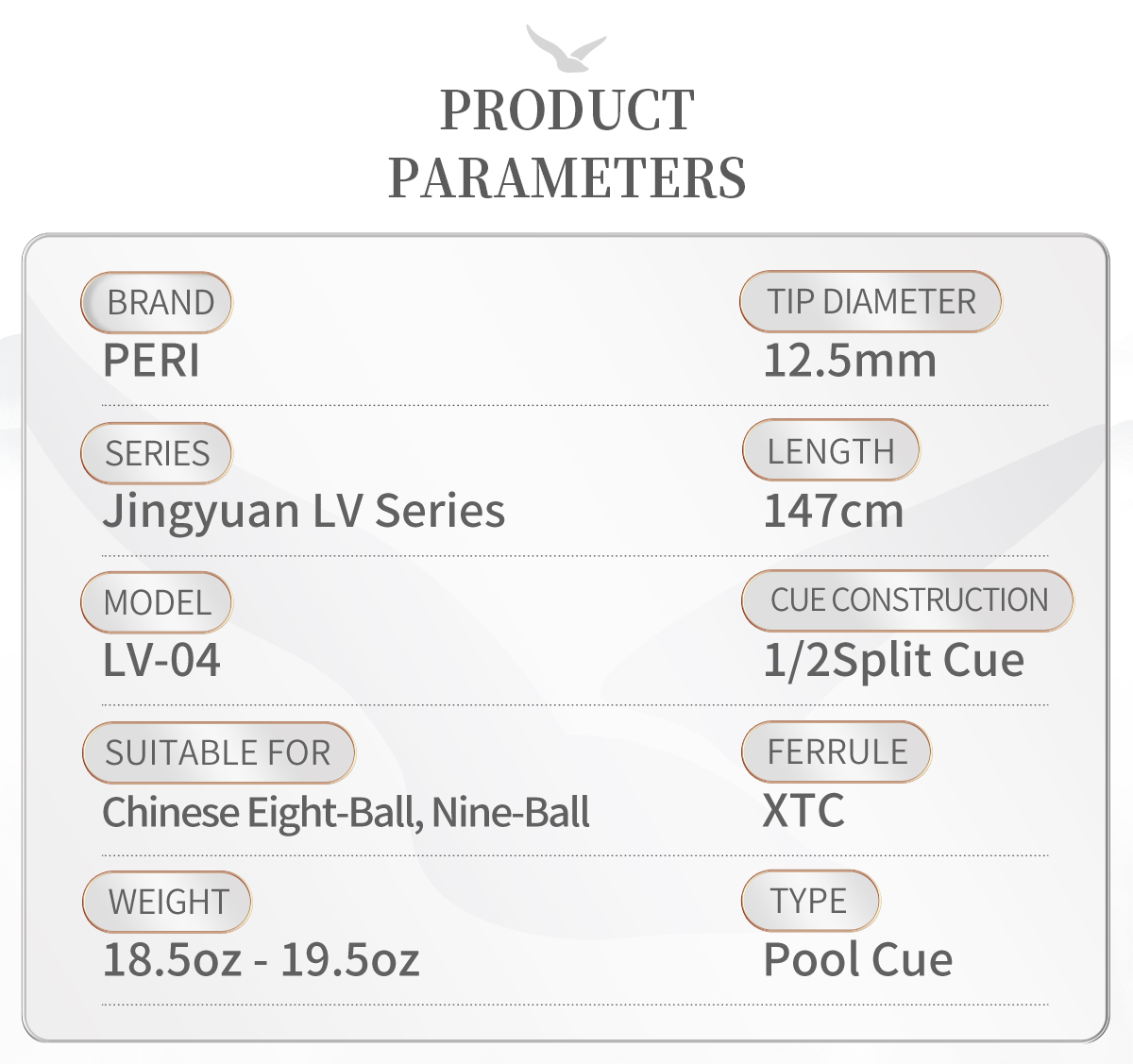 Precision Defined, Born for Competition. Designed for Chinese Eight-Ball & Nine-Ball: a 12.5mm tip for accuracy, 147cm length & 18.5-19.5oz adjustable weight for control, and 1/2 split construction with XTC ferrule for professional-grade performance.