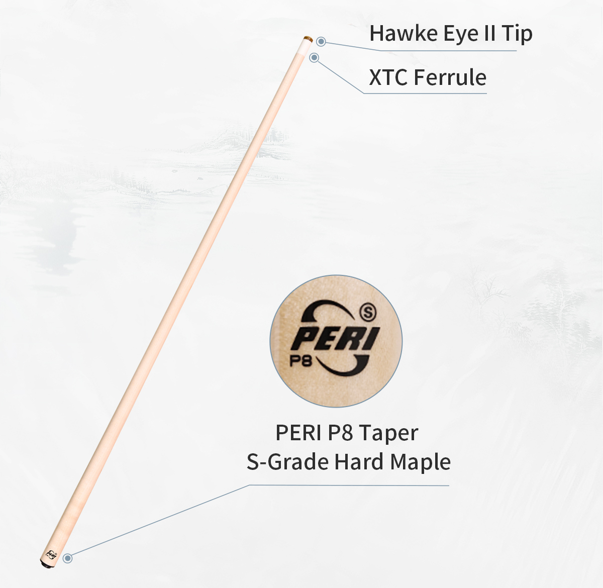 The Performance Origin, A Solid Foundation. Equipped with a Hawke Eye II multi-layered tip and highly wear-resistant XTC ferrule. The P8 taper S-Grade hard maple shaft, rigorously selected and treated, ensures reliable and accurate power transfer.