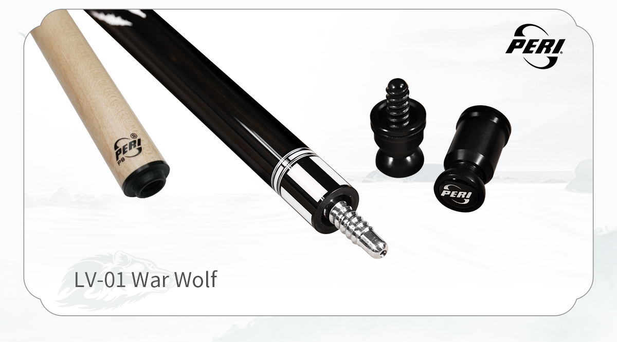 Core Components, Precision Assembly. Showcasing the War Wolf cue's shaft, butt, and interchangeable weights. Each component bearing the PERI insignia is precision-machined, together forming the reliable foundation of this high-performance cue.