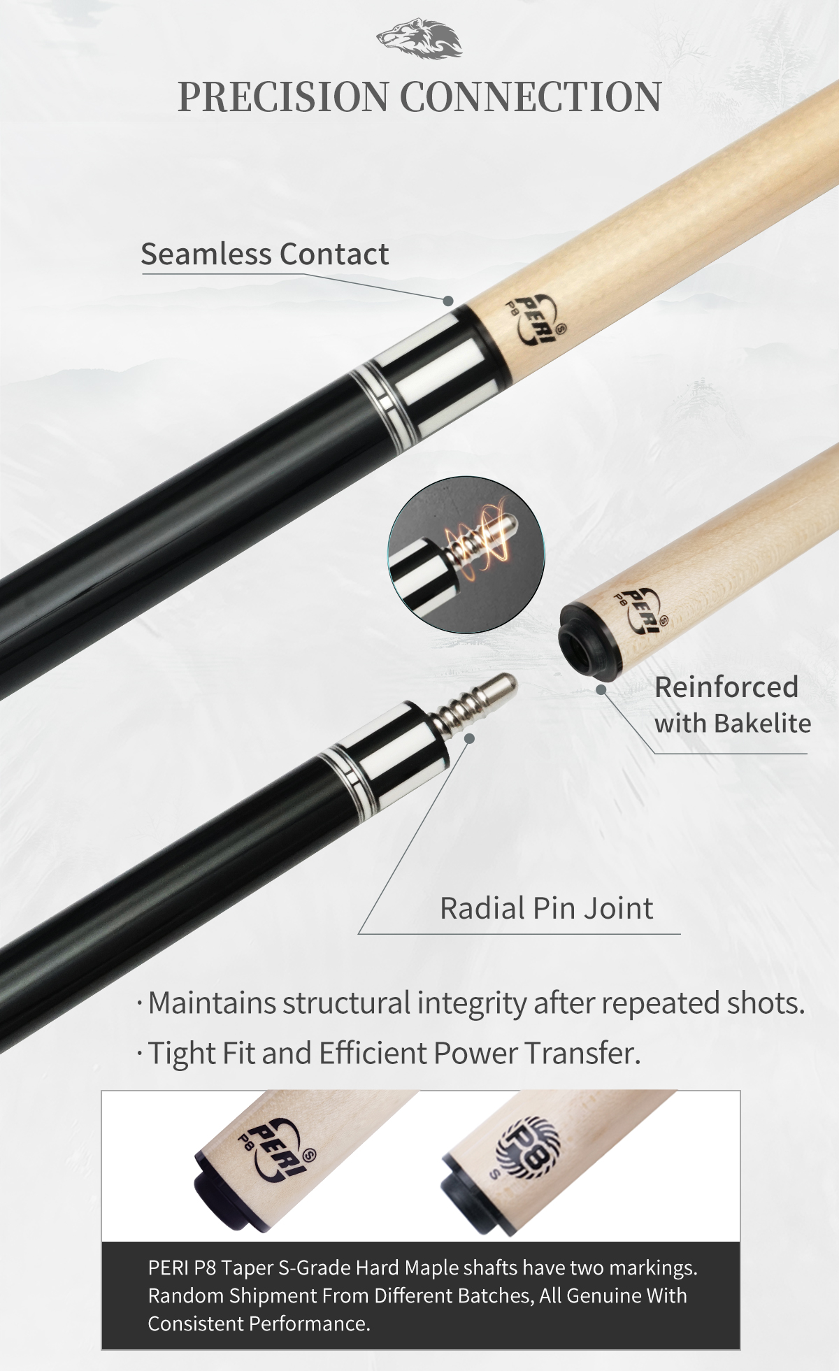 Radial Pin Joint, Precision Connection. The Radial Pin joint ensures a tight, seamless fit between shaft and butt, maintaining structural integrity through countless shots. Reinforced with bakelite for efficient power transfer—the foundation of consistent performance.