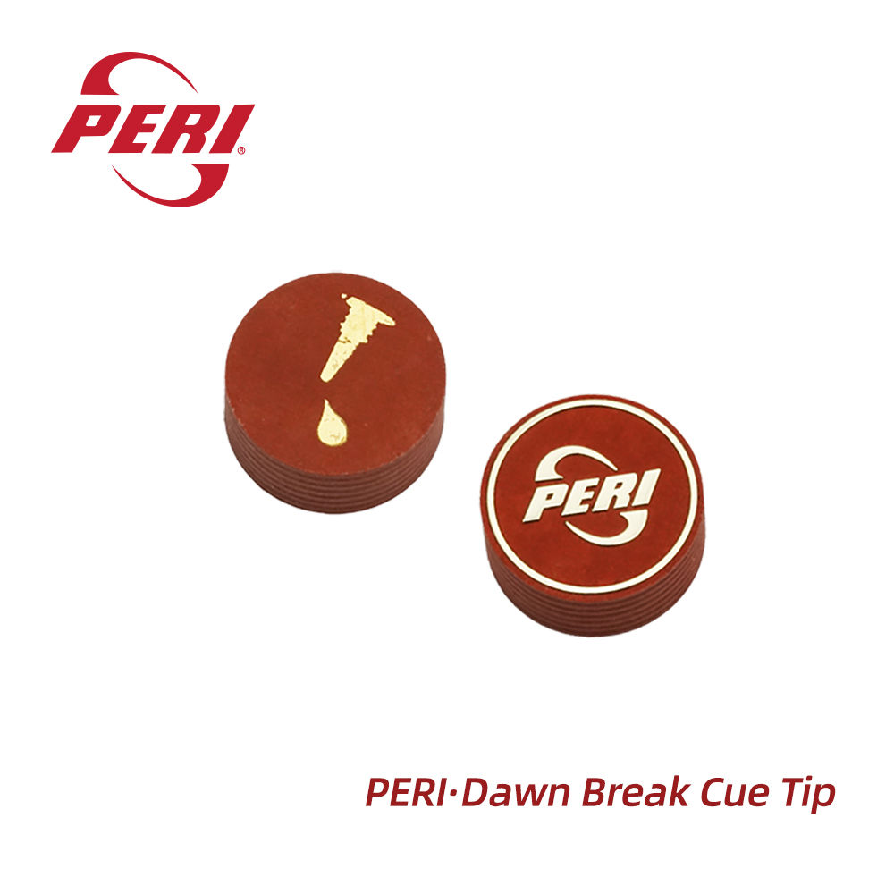 The Mark of a Professional. The bold red typography of 'PERI·Dawn Break Cue Tip' against a clean background reinforces the product's identity as the ideal choice for serious billiards enthusiasts seeking performance.