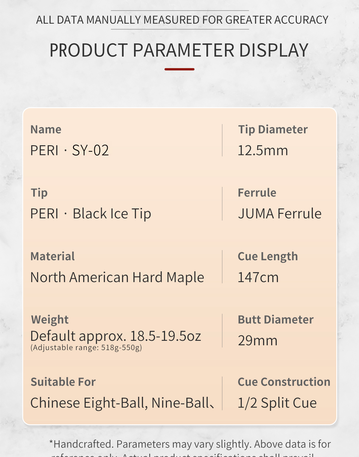 Professional parameters: crafted from North American Hard Maple, featuring a 12.5mm tip and 1/2 split cue construction, with adjustable weight (518g-550g) for versatile needs.