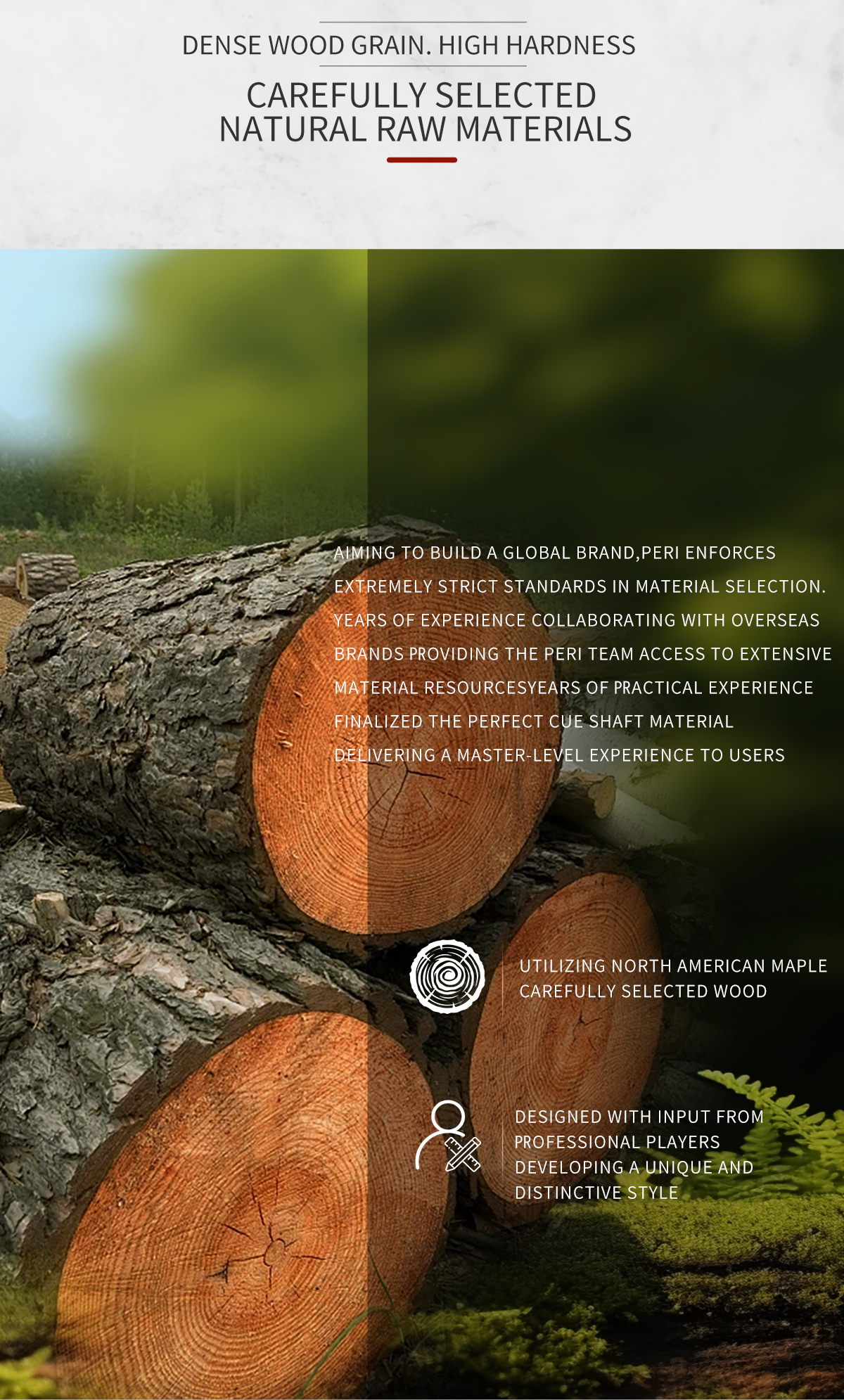 Dense wood grain, high hardness. PERI enforces strict selection of North American Maple, designing with input from professional players to deliver a master-level hitting experience and unique style to users.