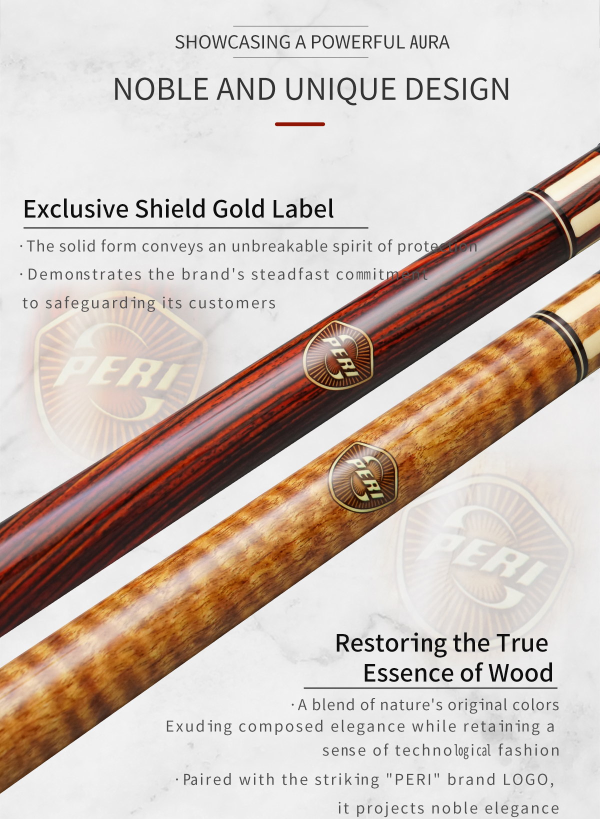 Showcasing a Powerful Aura, Creating a Noble and Unique Design. The exclusive shield gold label conveys an unbreakable spirit of protection; Restoring the True Essence of Wood and blending nature's original colors, paired with the striking “PERI” logo, it exudes composed elegance and a sense of technological fashion.