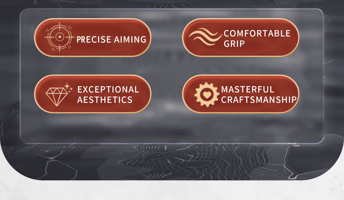 Four core advantages of the PERI SY-01 cue: Precise Aiming, Comfortable Grip, Exceptional Aesthetics, and Masterful Craftsmanship.